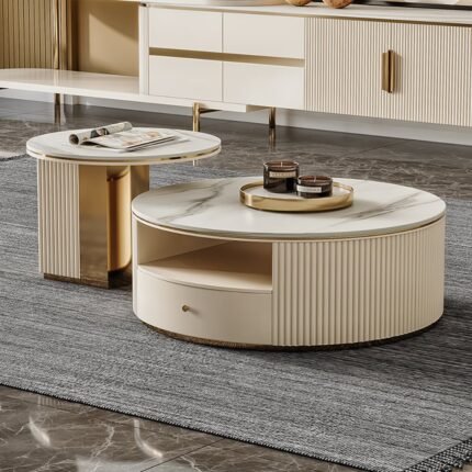 Tulip Modern Round Nesting Coffee Table with Storage White Sintered Stone Set of 2